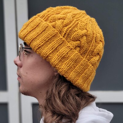 Classic Cable Knit Beanie with Folding Brim in Mustard - image1